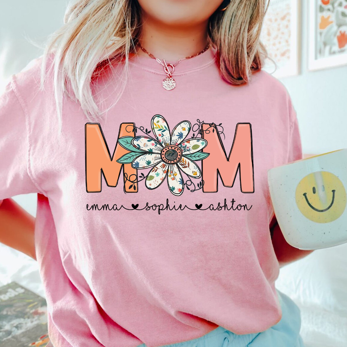 Retro Floral Mom With Kids Name - Personalized Apparel - Gift For Mom, Mother's Day Gift