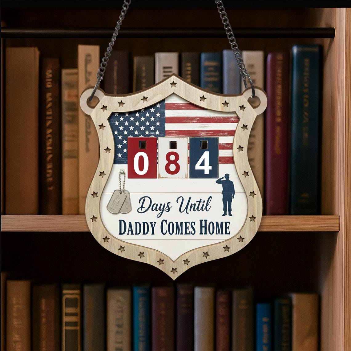 Personalized Military Countdown Sign with Days Tracker and American Flag Shield Design