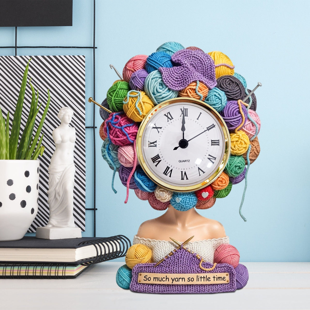 Yarn Head Girl Desk Clock - Personalized Acrylic Desk Clock - Gifts For Knitter & Crocheter
