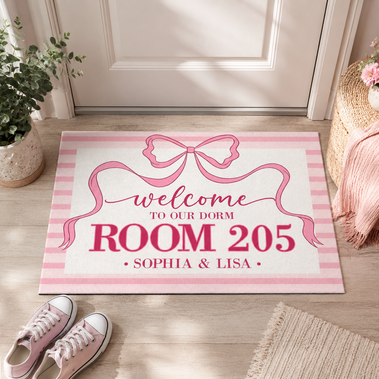 Custom Name and Number Dorm Doormat, Girly Pink Bow Dorm Decor, Welcome To Our Dorm, College Girls Dorm Decor, Roomate Sign