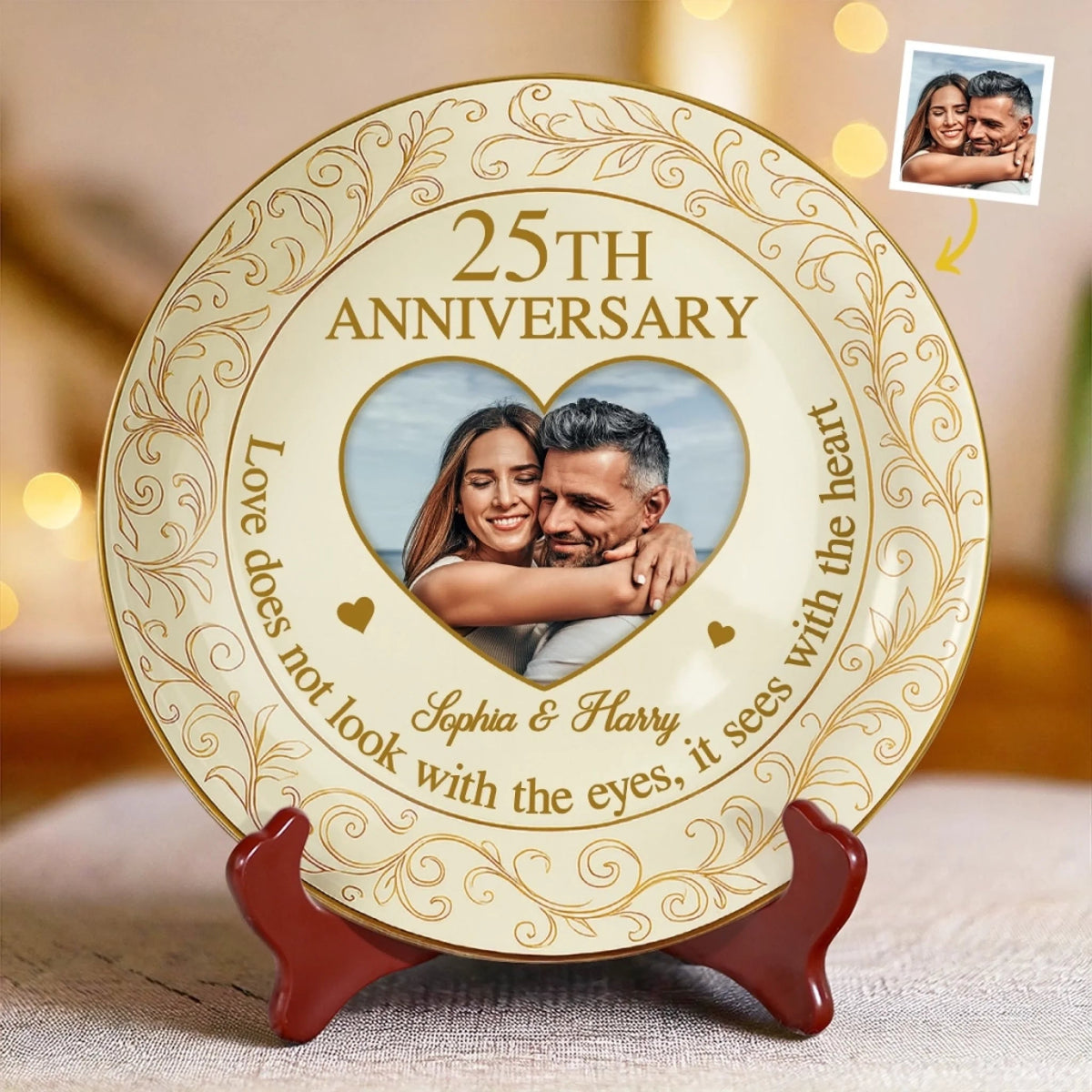 Love Sees With The Heart Custom Couple Photo - Personalized Ceramic Plate - Gift For Husband Wife, Anniversary Gift
