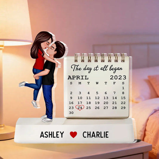 The Day It All Began Kissing Couple - Personalized Acrylic Table Sign - Anniversary Gift For Couple