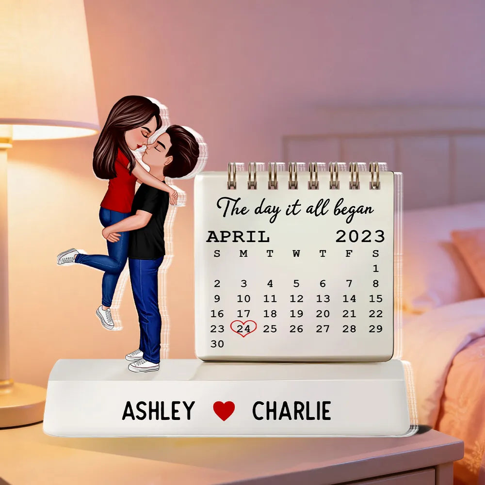The Day It All Began Kissing Couple - Personalized Acrylic Table Sign - Anniversary Gift For Couple