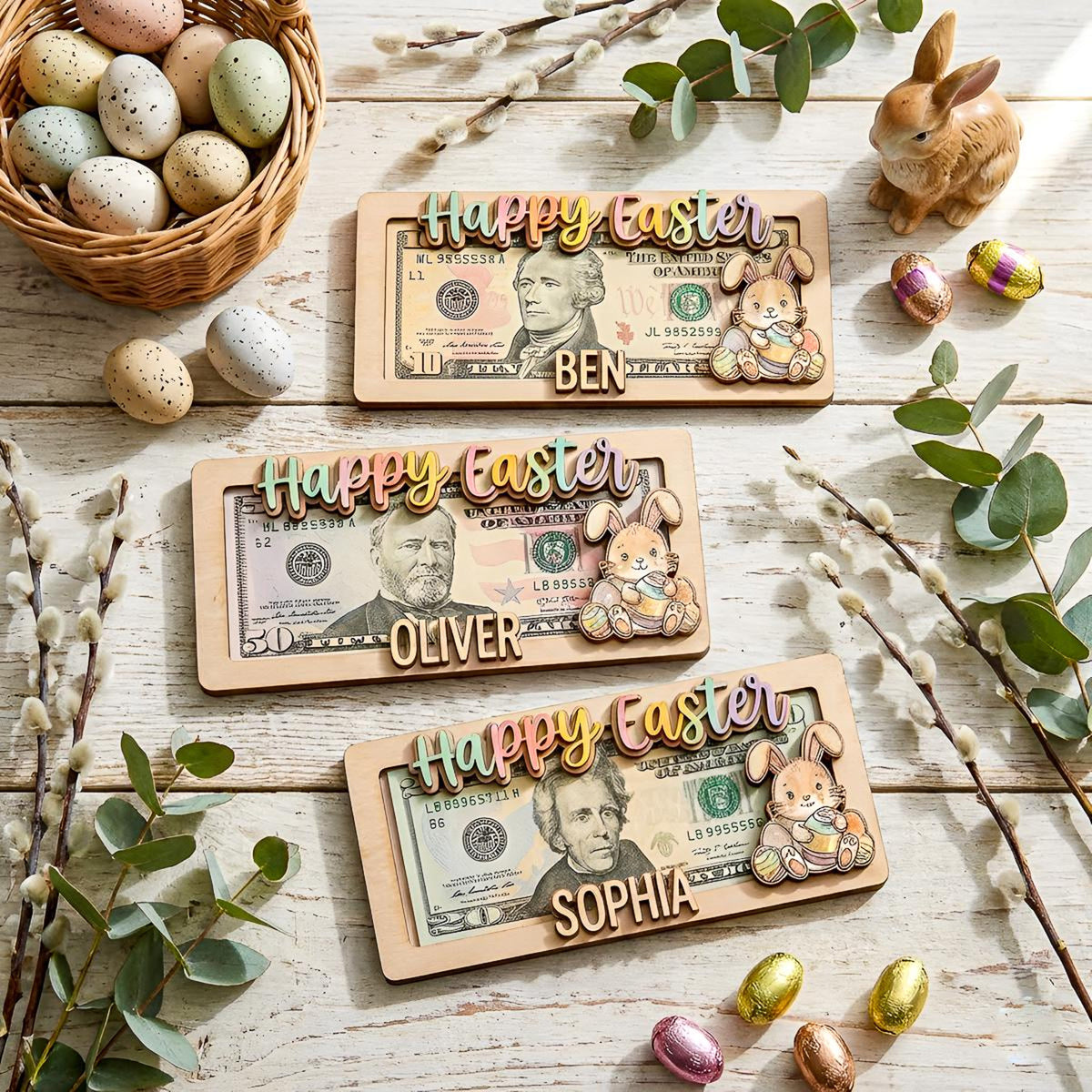 Personalized Easter Money Holder, Custom Wooden Cash Gift Frame, Handcrafted Bunny & Egg Easter Decor, Personalized Easter Gift for Children