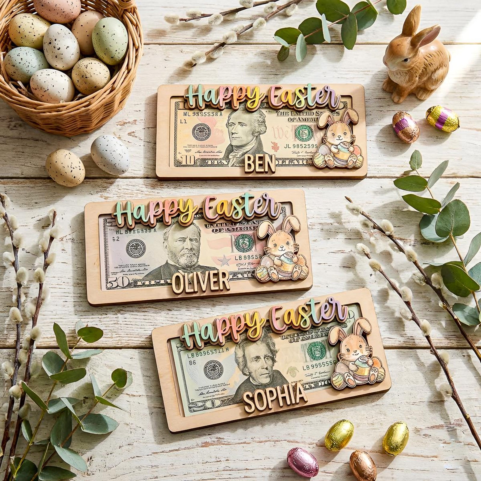 Personalized Easter Money Holder, Custom Wooden Cash Gift Frame, Handcrafted Bunny & Egg Easter Decor, Personalized Easter Gift for Children