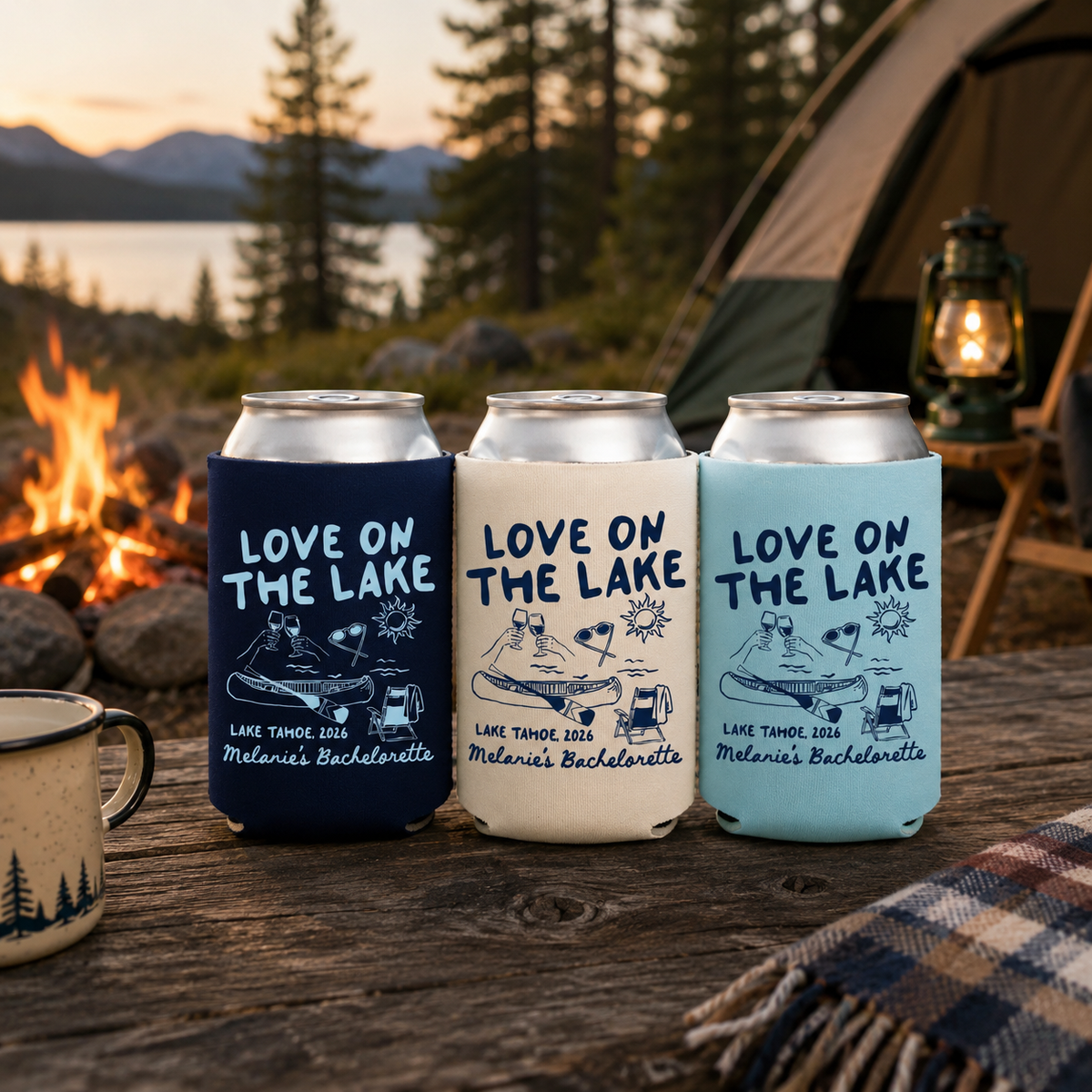 Love On The Lake Bachelorette Can Coolers, Personalized Lake Club Bachelorette Drink Can Sleeves, Camping Bachelorette Party Favors