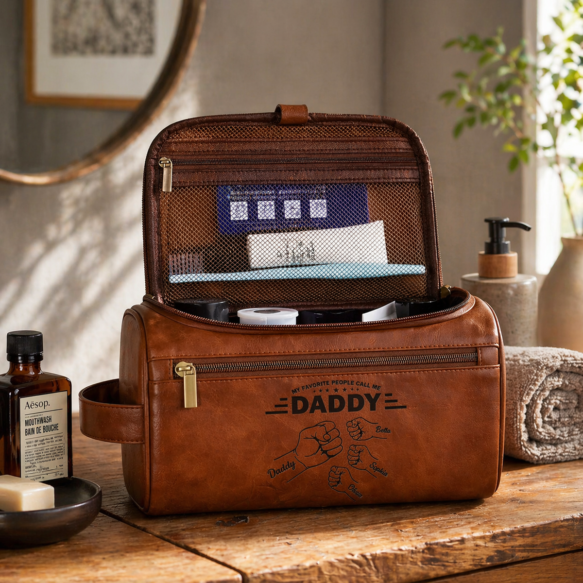 Dad & Kids Fist Bump - Personalized Leather Toiletry Bag - Gift For Father, Gift For Grandpa, Father's Day Gift