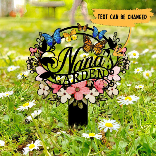 Personalized Nana's Garden Sign, Metal Garden Stake with Flowers and Butterflies, Outdoor Yard Decoration, Grandma Gift, Nana's Blessings