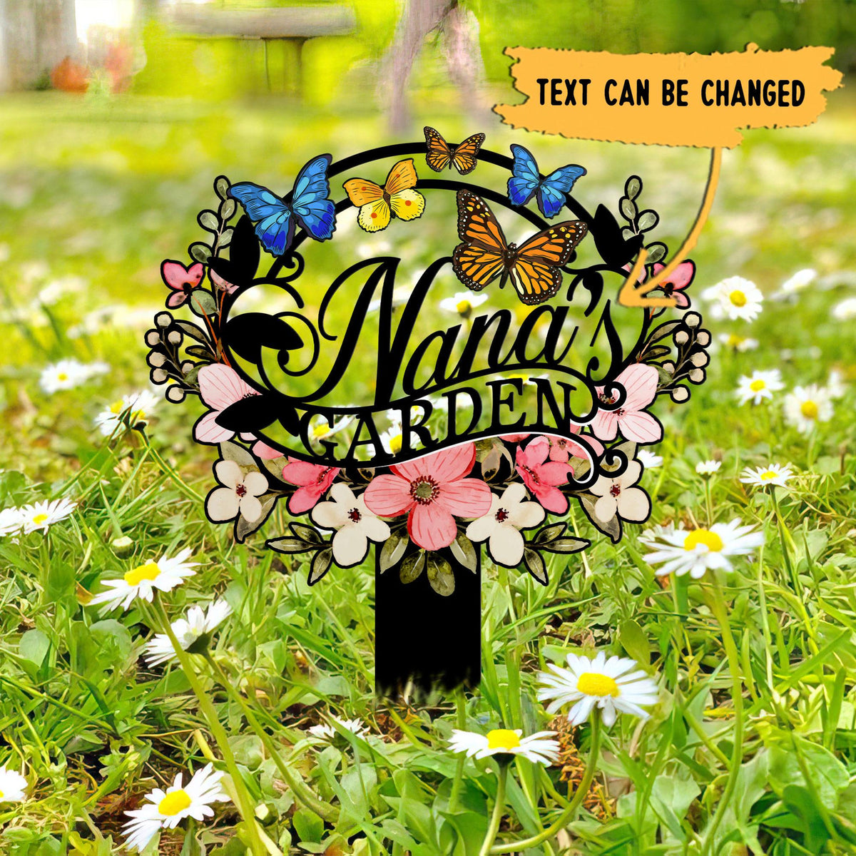 Personalized Nana's Garden Sign, Metal Garden Stake with Flowers and Butterflies, Outdoor Yard Decoration, Grandma Gift, Nana's Blessings