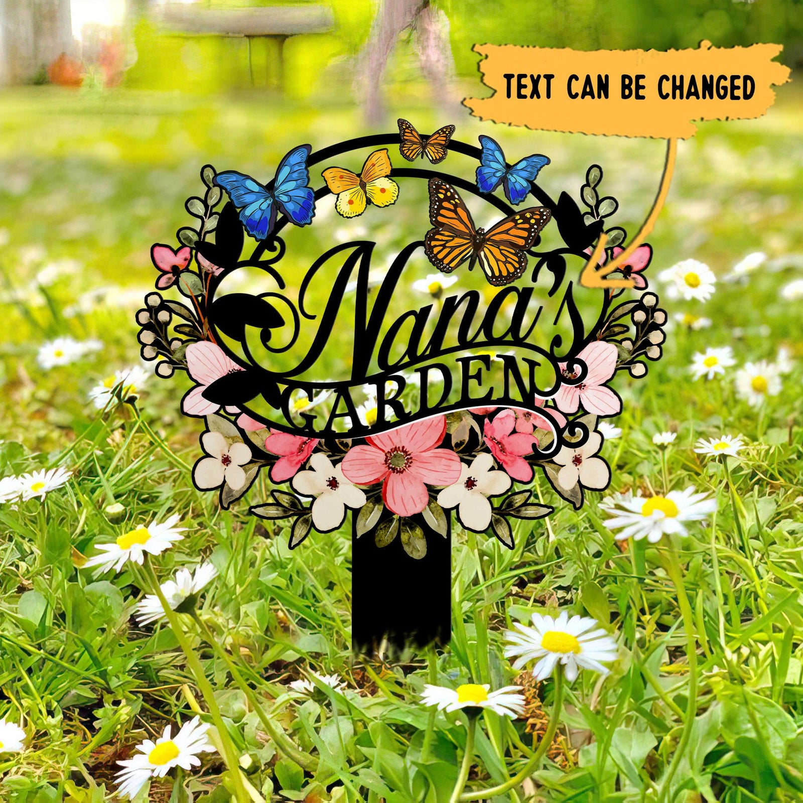 Personalized Nana's Garden Sign, Metal Garden Stake with Flowers and Butterflies, Outdoor Yard Decoration, Grandma Gift, Nana's Blessings