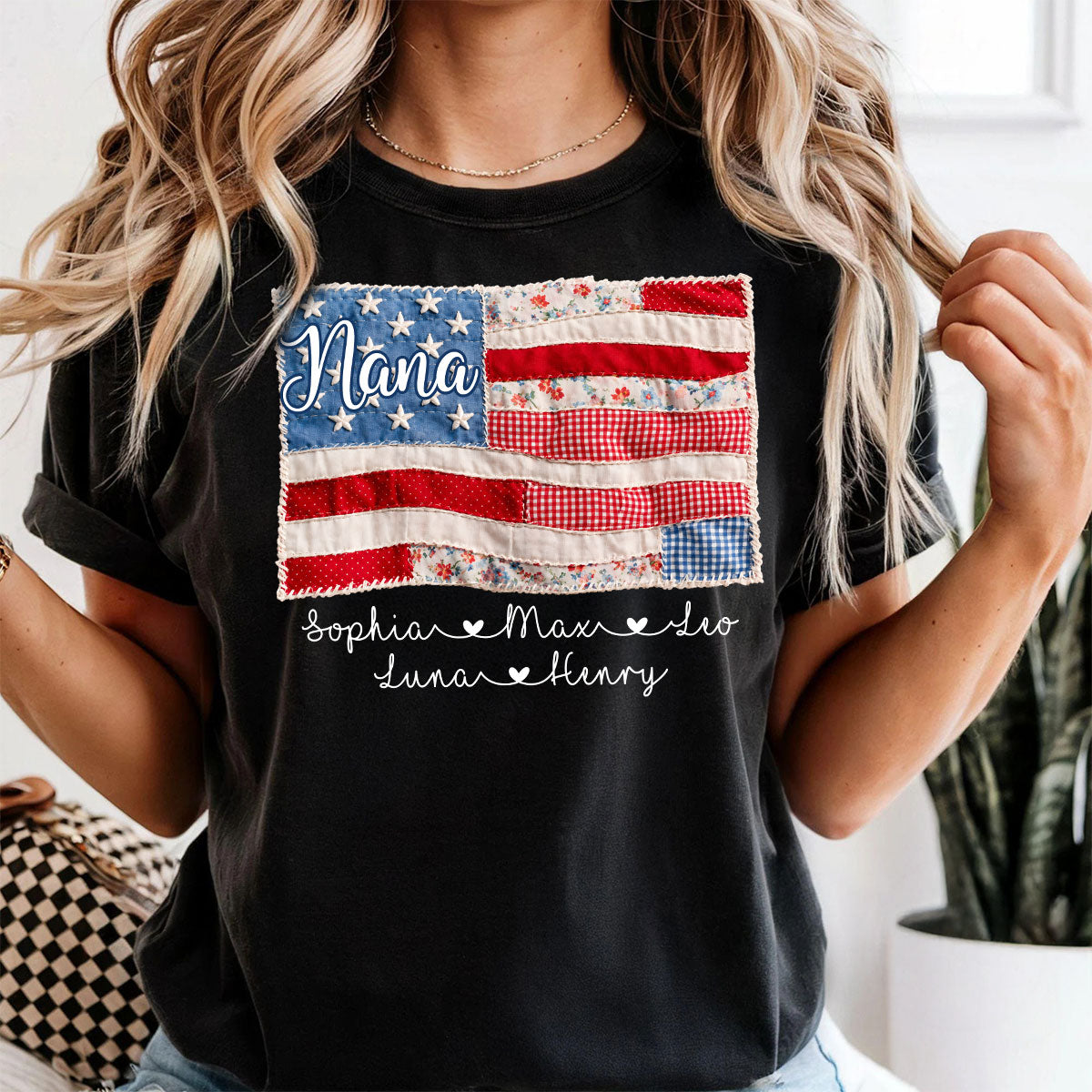 Mimi Shirt with Kids Names Patriotic Patchwork American Flag Design Custom Family Tee