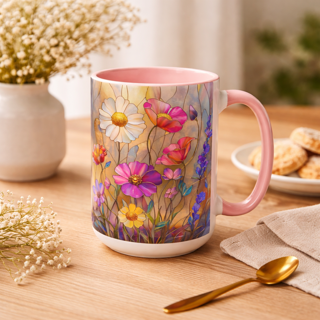 Personalized Floral Stained Glass Mug, Colorful Wildflower Design Coffee Cup, Gift For Her