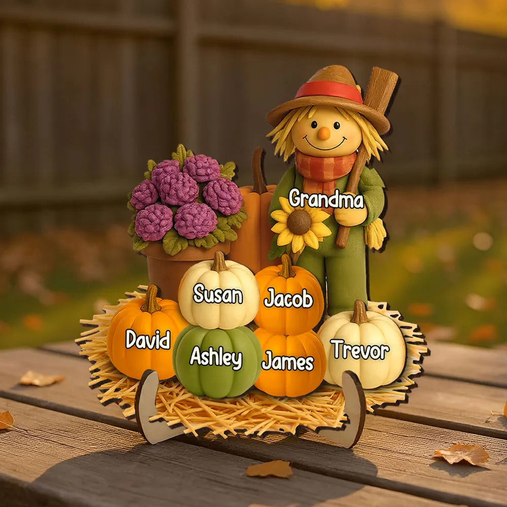 Fall Scarecrow Grandma with Pumpkins Grandkids Names - Personalized Wooden Plaque - Autumn Gift For Grandma & Family