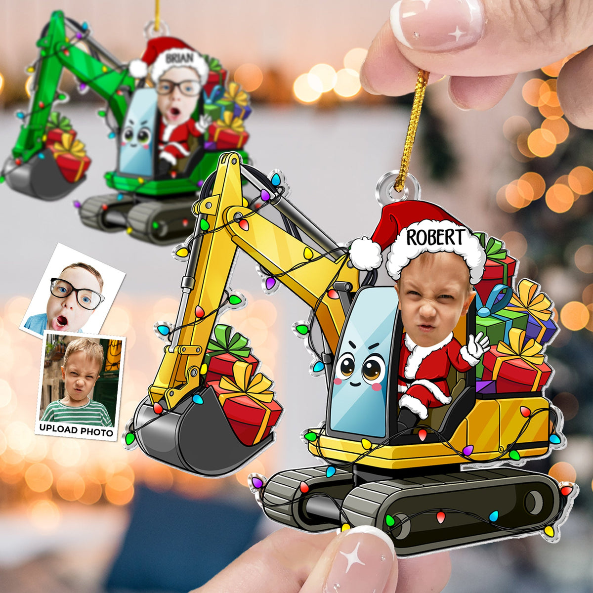 Custom Kid Face Cartoon Excavator - Personalized Acrylic Shaped Ornament - Christmas Gift For Kids