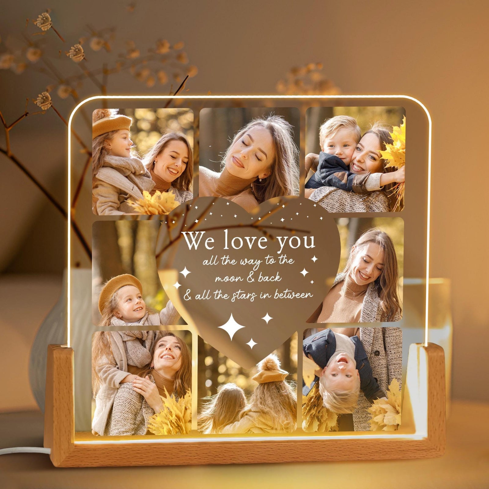 We Love You All The Way To The Moon And Back - Personalized Desk Name Plate - Photo Collage Gift For Mom From Daughter
