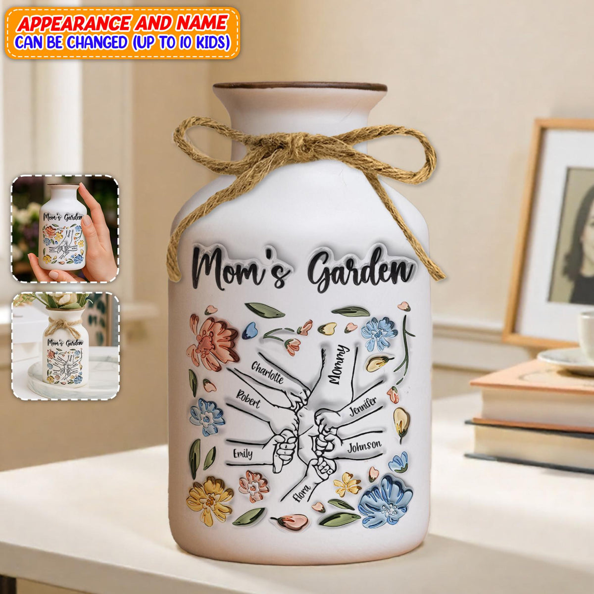 Personalized Mom's Garden Vase, Custom Kid Name Flower Jar, Mother's Day Gift, Family Flower Pot, Unique Mom Decor