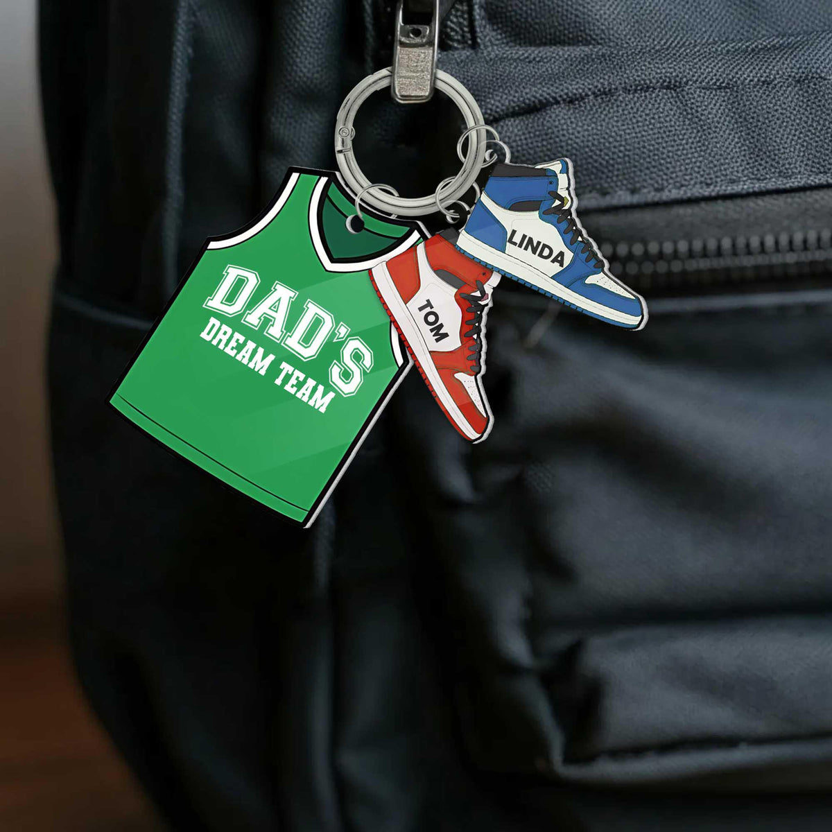 Dad's Dream Team Keychain, Personalized Basketball Jersey Gift with Kids' Sneaker Charms, Custom Father's Day Gift for Sports Dads