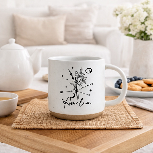 Custom Birth Month Flower Zodiac Sign Pottery Mug, Personalized Family Kids Grandma Birth Flower, Gift for Mom Dad