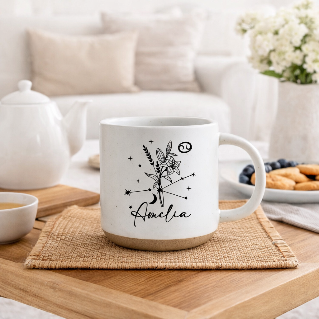 Custom Birth Month Flower Zodiac Sign Pottery Mug, Personalized Family Kids Grandma Birth Flower, Gift for Mom Dad