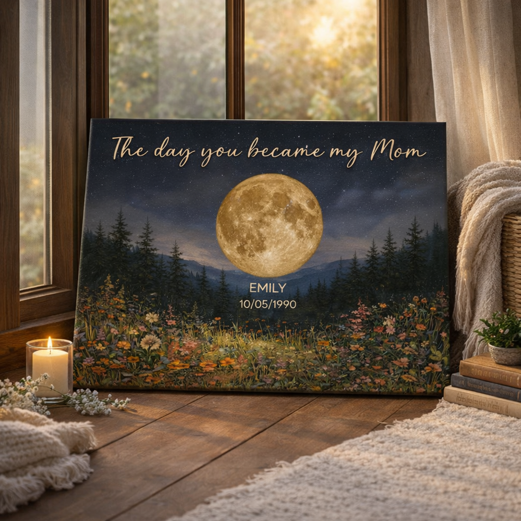 Mystical Midnight The Day You Become Mom Grandma Custom Birth Moon Phase - Personalized Canvas - Mother's Day Gift For Mom, Grandma