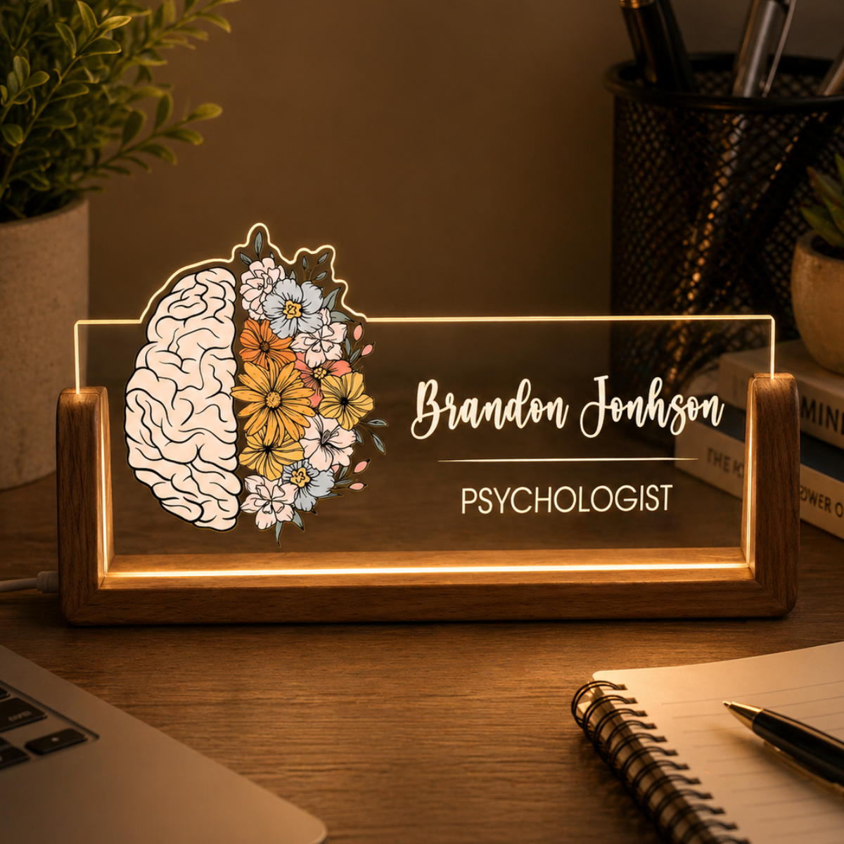 Custom Psychologist Desk Name Plate Personalized Neurologist Psychology Gift Acrylic Wooden Lamp LED Light Office Accessories Tabletop Decor