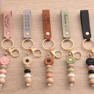 Personalized Daisy Keychain, PU Leather Floral Keychain, Beaded Bag Charm