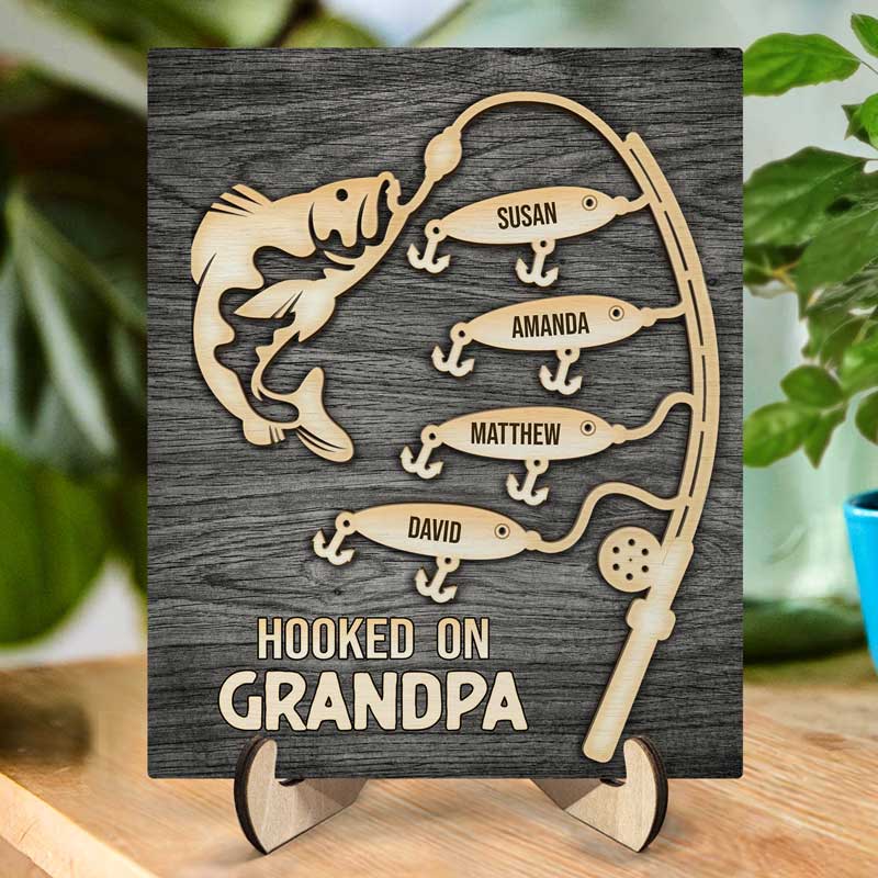 Hooked On Grandpa Daddy - Personalized Wooden Plaque - Gift For Grandpa, Dad, Father's Day Gift