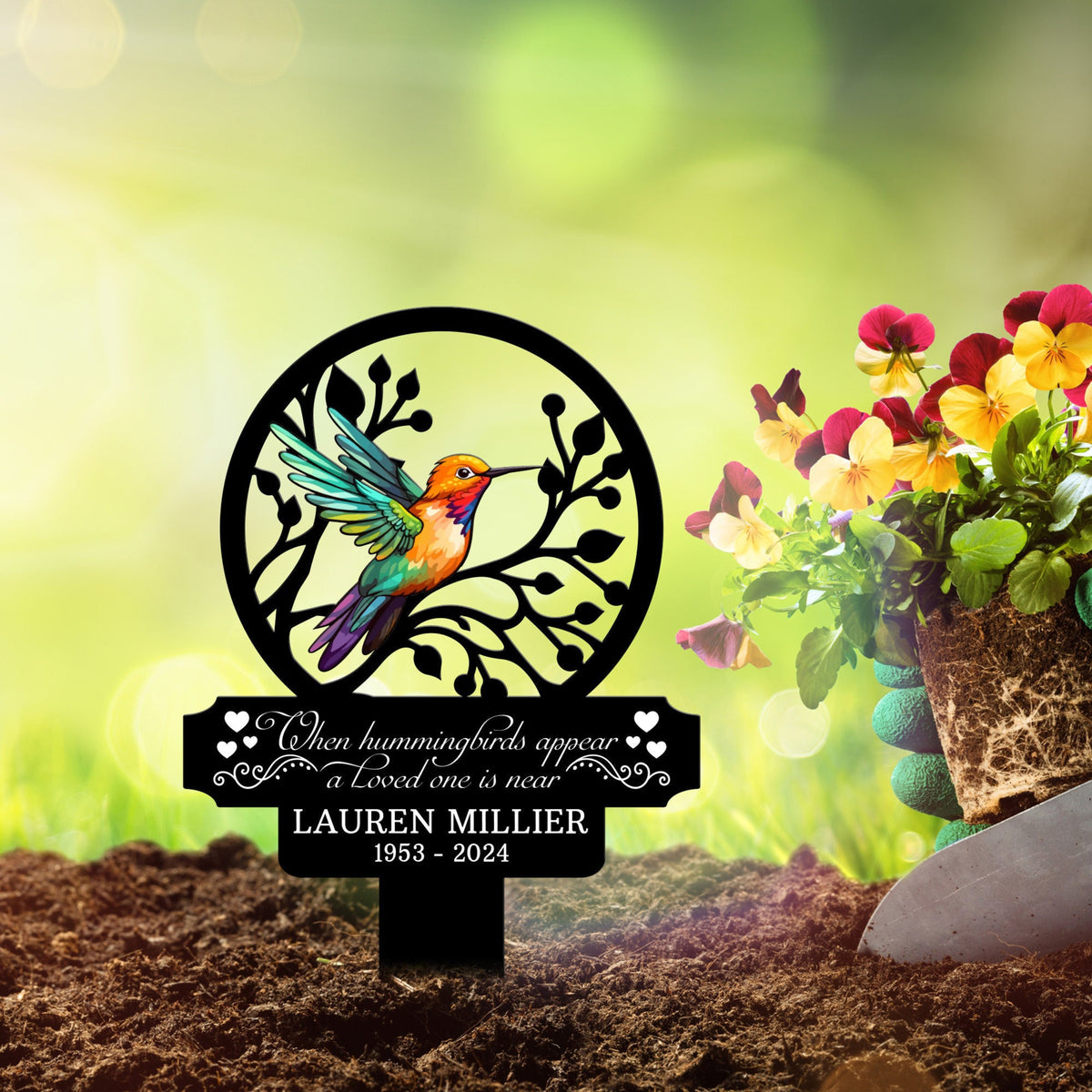 Custom Name Hummingbird Memorial Metal Stake, Hummingbird Name Sign, Garden Metal Stake, Sympathy Gift, Mother's Day, Memorial Stake