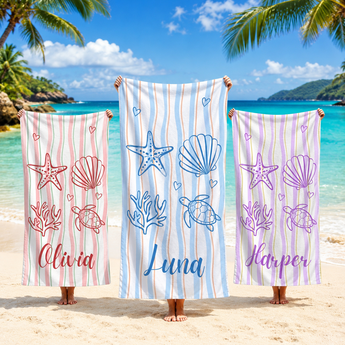 Personalized Shell & Sea Turtle Beach Towel, Custom Name Summer Beach Blanket, Spa, Pool, Travel, Fun Ocean Gift