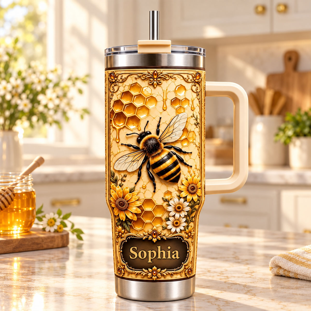 Floral Bee And Honey - Personalized Tumbler