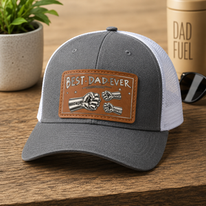 Best Dad Ever Steel Fist Bumps - Personalized Leather Label Net hat - Gift For Dad Papa, Father's Day Gift