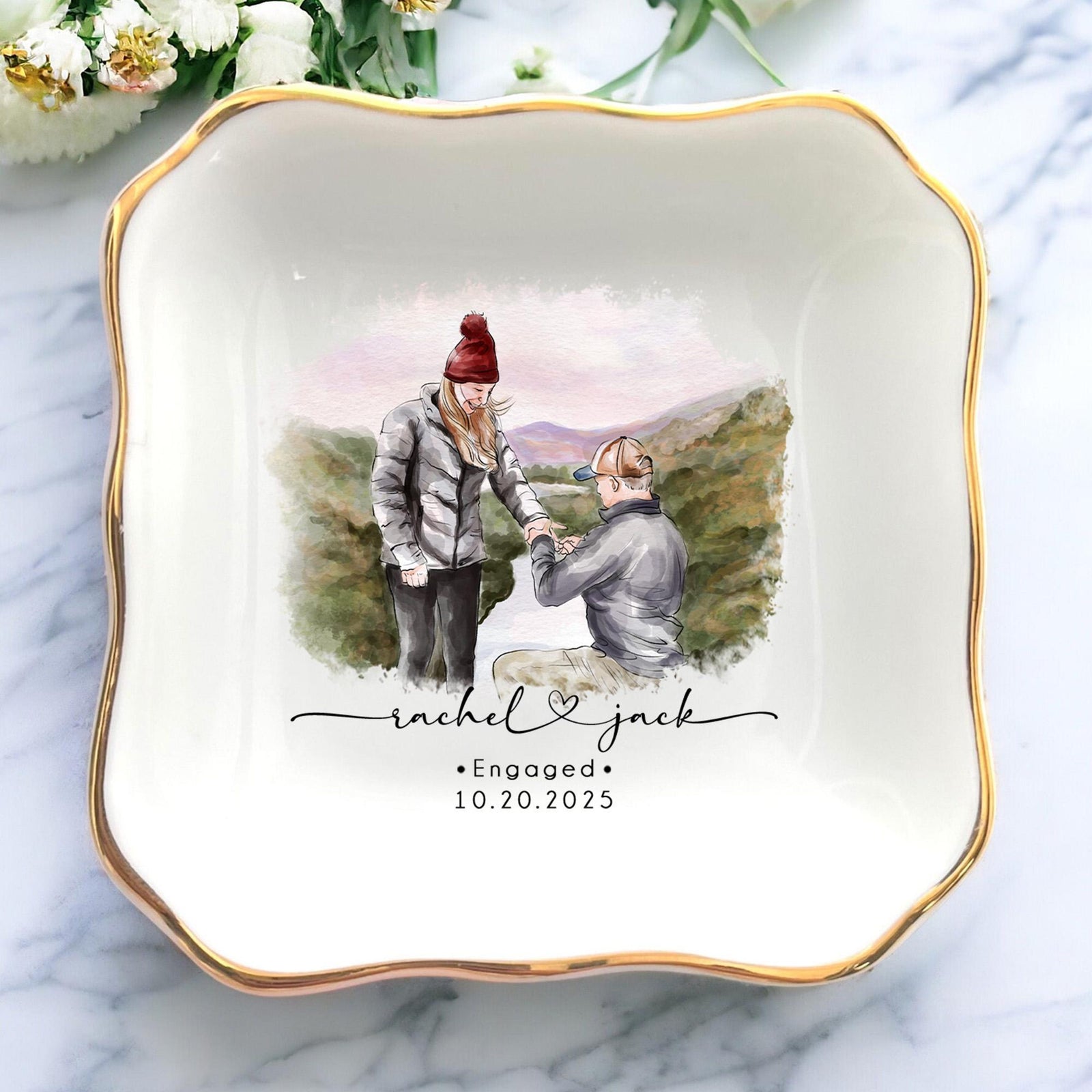 Custom Couple Portrait Ring Dish, Engagement Gift, Engaged Jewelry Tray, Handmade Personalized Couple Photo Ring Holder, Engagement Keepsake