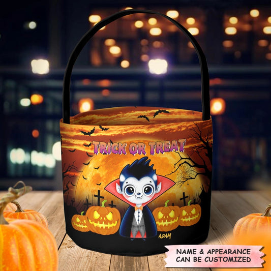 Trick Or Treat Little Monster - Personalized Halloween Fabric Basket - Halloween Gift For Kid
