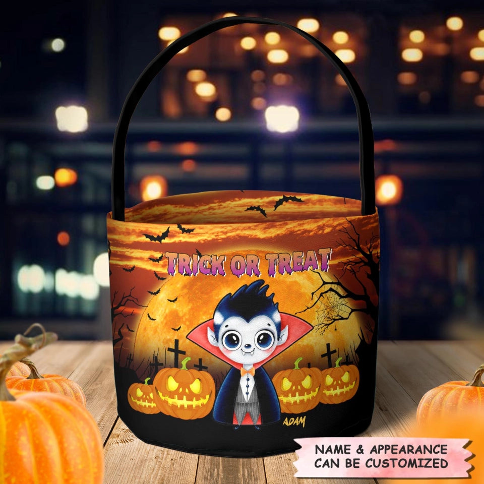 Trick Or Treat Little Monster - Personalized Halloween Fabric Basket - Halloween Gift For Kid