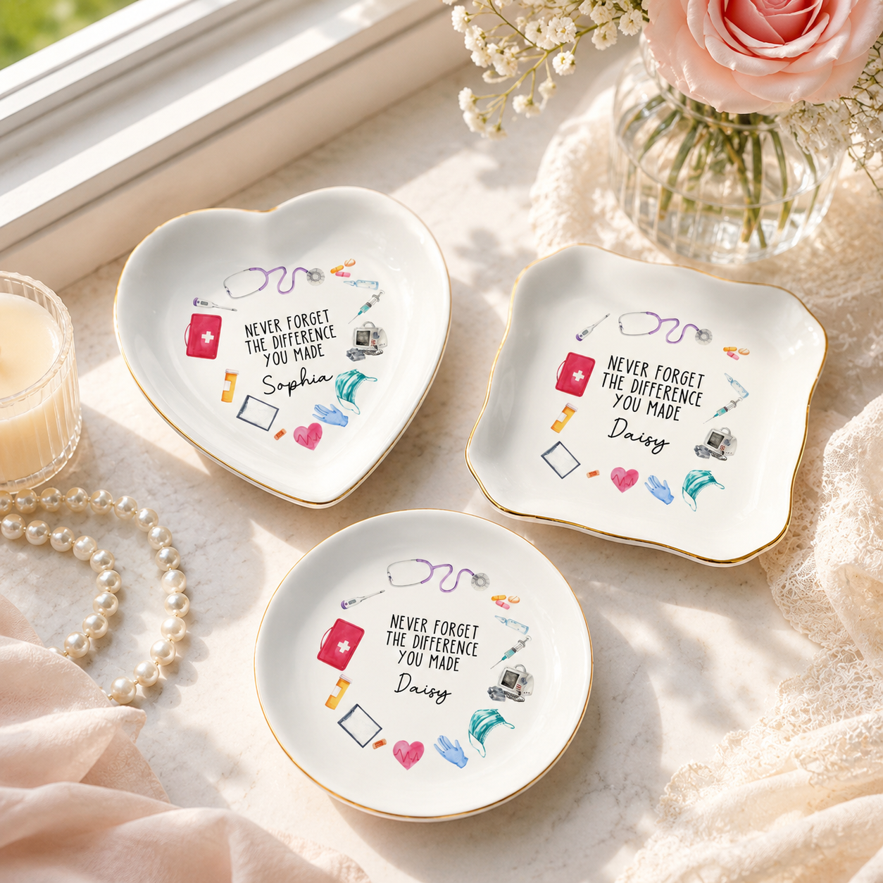 Personalized Nurse Jewelry Dish - Nurse Graduation Jewelry Dish, Stethoscope Name Trinket Dish, Never Forget The Difference You Made