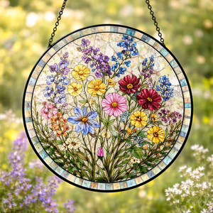 Stained Glass Wildflowers Suncatcher Mother's Day Gift Wildflowers Window Decor Gift For Grandma, Nature Lover Glass Suncatcher Family Gift