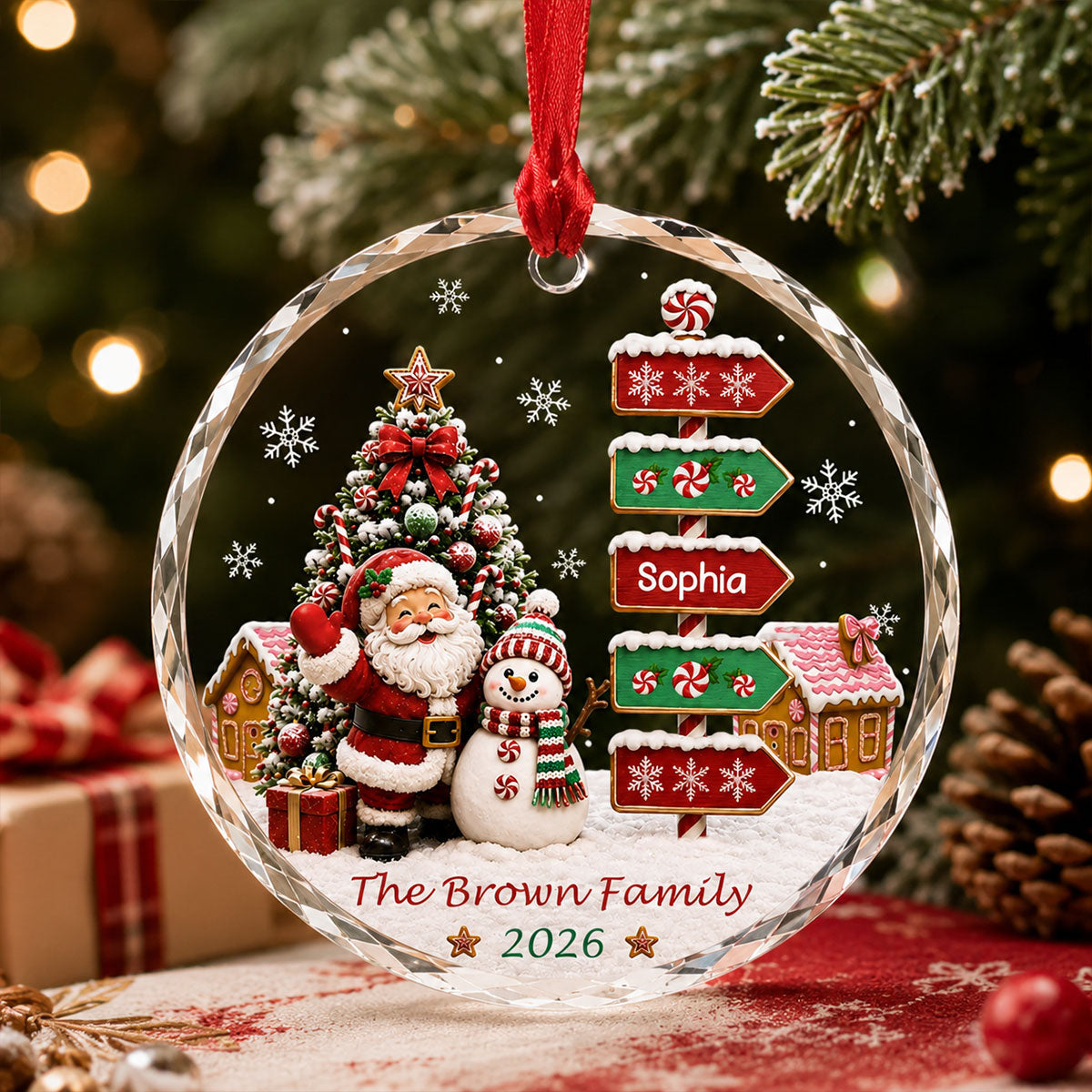 Family Names Santa & Snowman Glass Ornament - Personalized Christmas Gifts