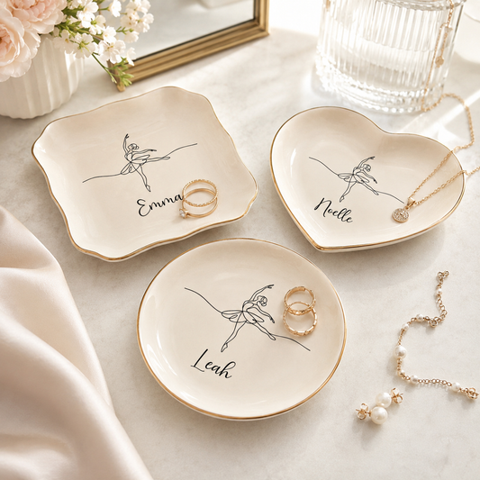 Personalized Ballet Ring Dish Custom Jewelry Holder | Dance Teacher Gift | Gold Rim Ceramic Trinket Dish
