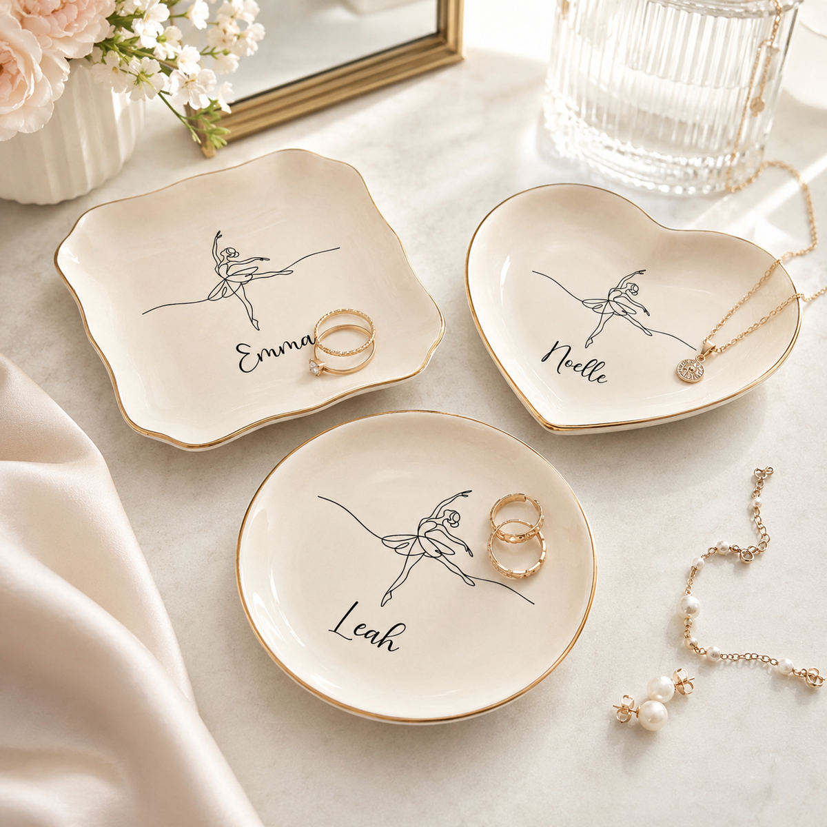 Personalized Ballet Ring Dish Custom Jewelry Holder | Dance Teacher Gift | Gold Rim Ceramic Trinket Dish
