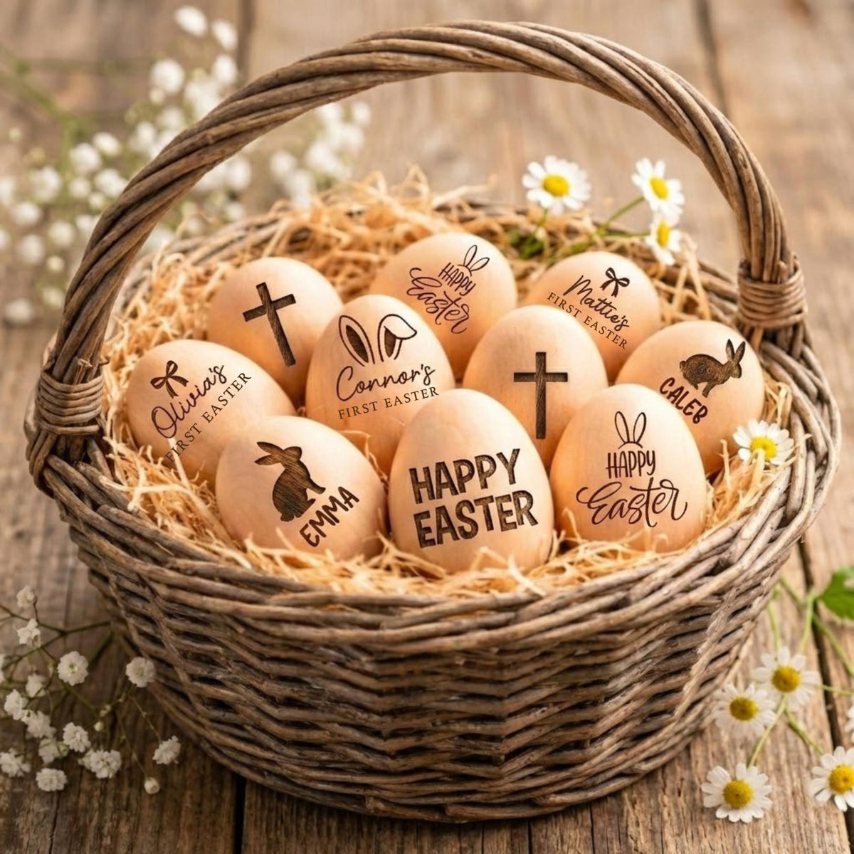 Personalized Wooden Easter Egg Shaker Baby First Easter Basket Filler Engraved Name Keepsake Gift for Toddler Kids