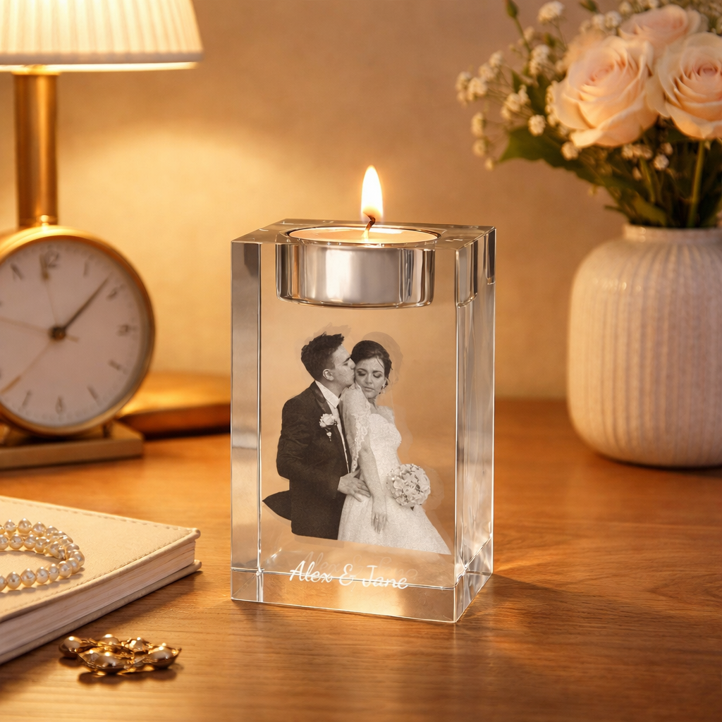 Custom 3D Crystal Photo Portrait, Engraved Crystal Photo With Candle Holder, 3D Crystal Photo Gift for Pet, Memorial Candle Votive, Gift for Mum