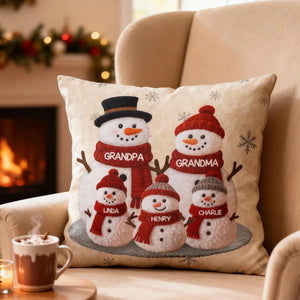3D Effect Fleece Texture Christmas Grandma Grandkids Snowman Together - Personalized Pillow - Heartwarming Gift For Grandparents