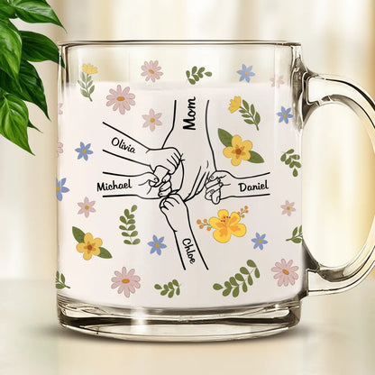 Mom Holding Kids Hands - Personalized Glass Mug - Gift For Mother, Grandma, Mother's Day, Birthday Gift