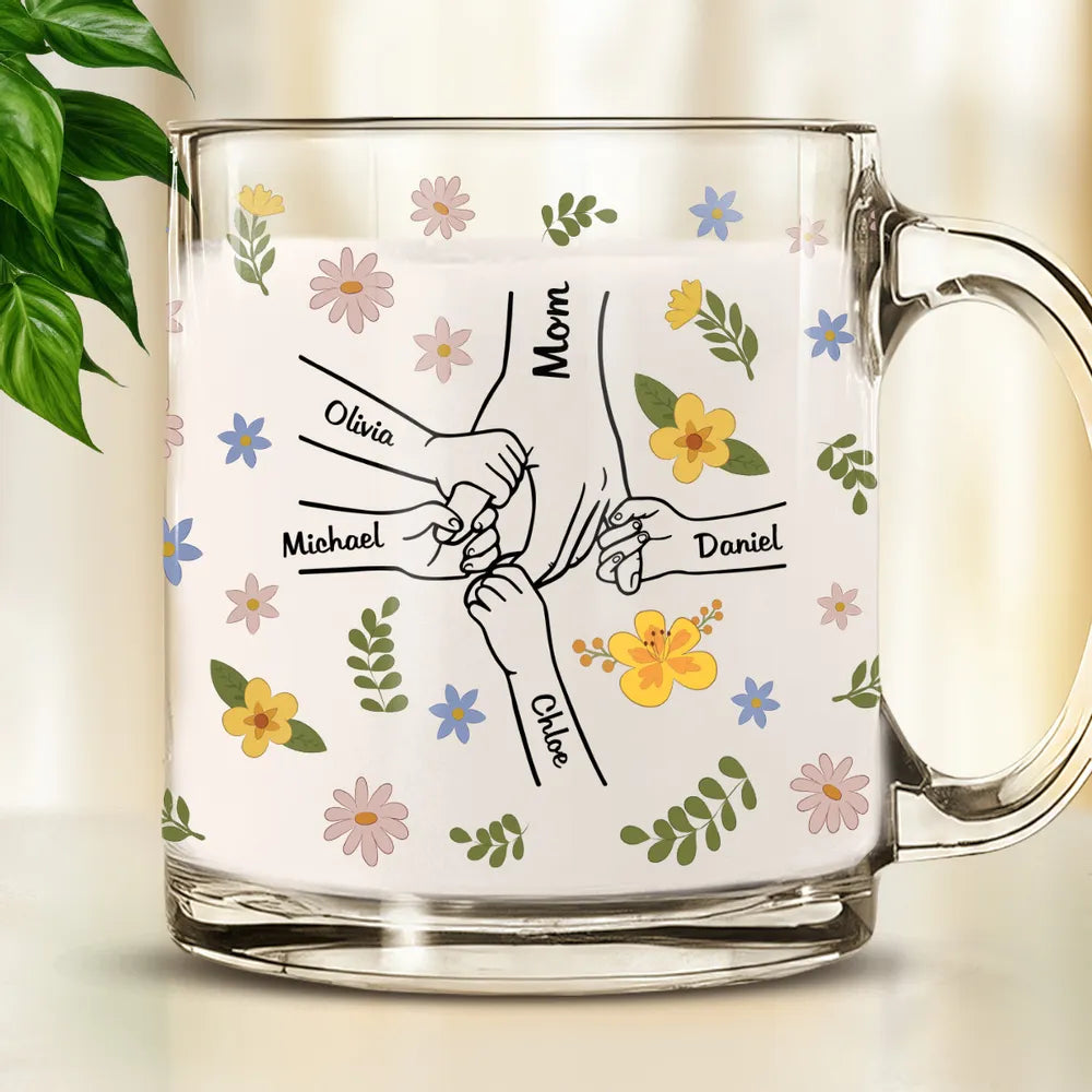 Mom Holding Kids Hands - Personalized Glass Mug - Gift For Mother, Grandma, Mother's Day, Birthday Gift
