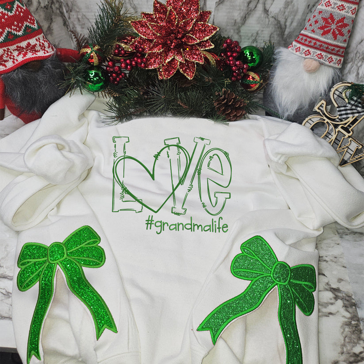 Love Grandma Life Side Bow Cut-Out Sweatshirt With Glitter, Trendy Coquette Bow, Christmas Gifts for Grandma, Nana, Granny