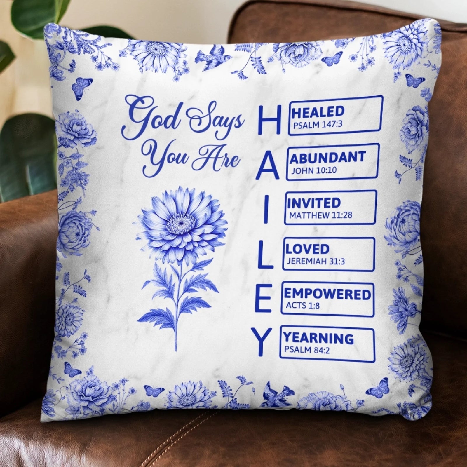 God Says I Am Name Letter In Bible Toile De Jouy Style, Personalized Pillow, Christian Gift, Gift for Her, Mental Health Gift