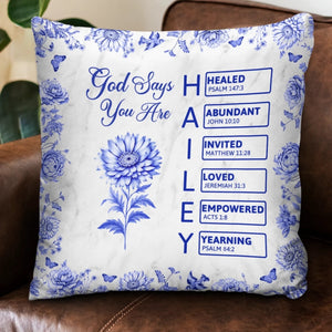 God Says I Am Name Letter In Bible Toile De Jouy Style, Personalized Pillow, Christian Gift, Gift for Her, Mental Health Gift