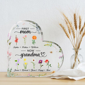 First Mom Now Grandma Birth Month Flower - Personalized Heart Shaped Acrylic Plaque - Gift For Grandma