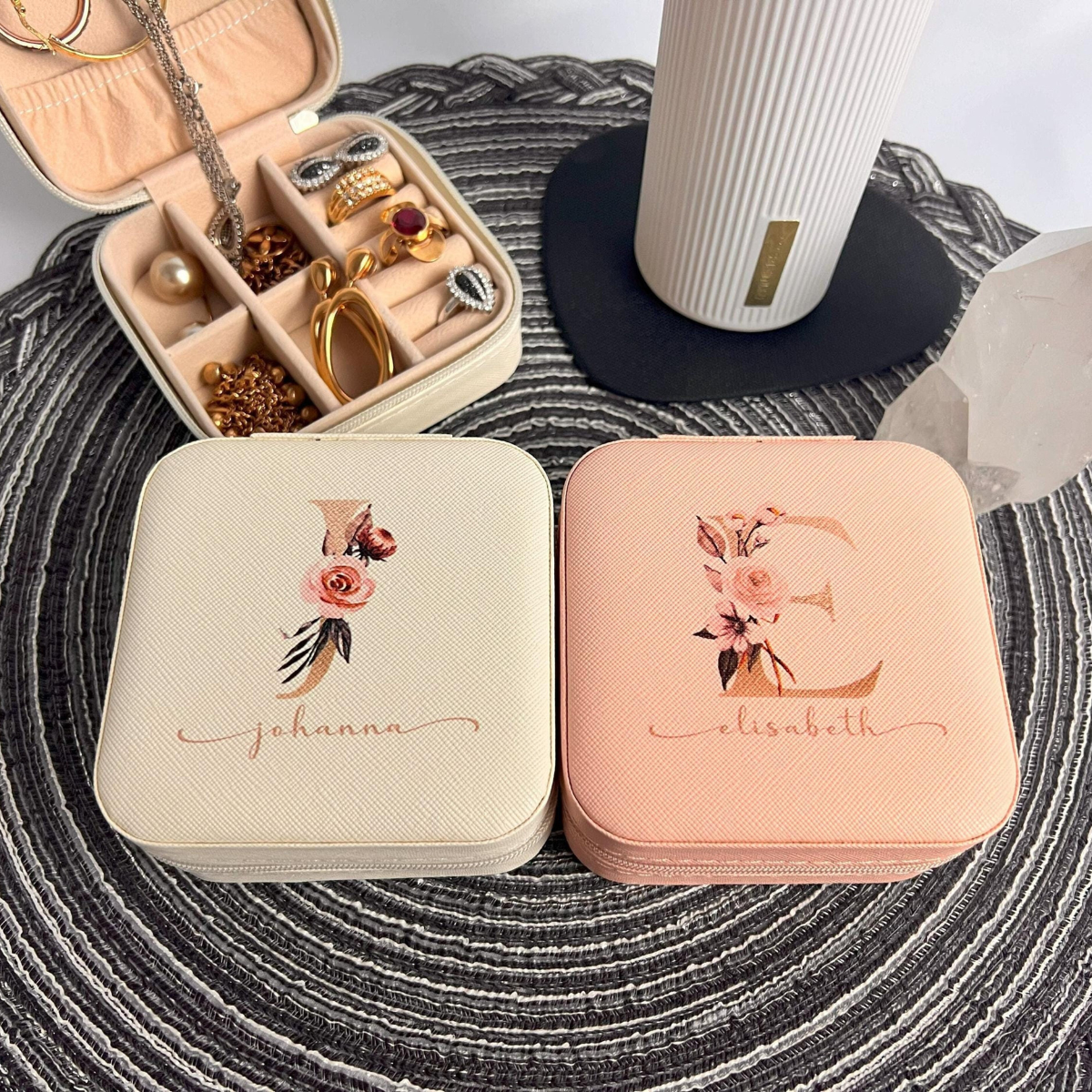 Custom Floral Initial - Personalized Square Jewelry Box - Gift For Mom, Sister, Besties