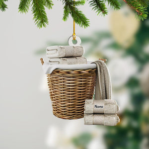 Woven Laundry Hamper Beside Towels Christmas Ornament, Laundry Dry Cleaning Clothing Washing Machines Ornament, Christmas Gift